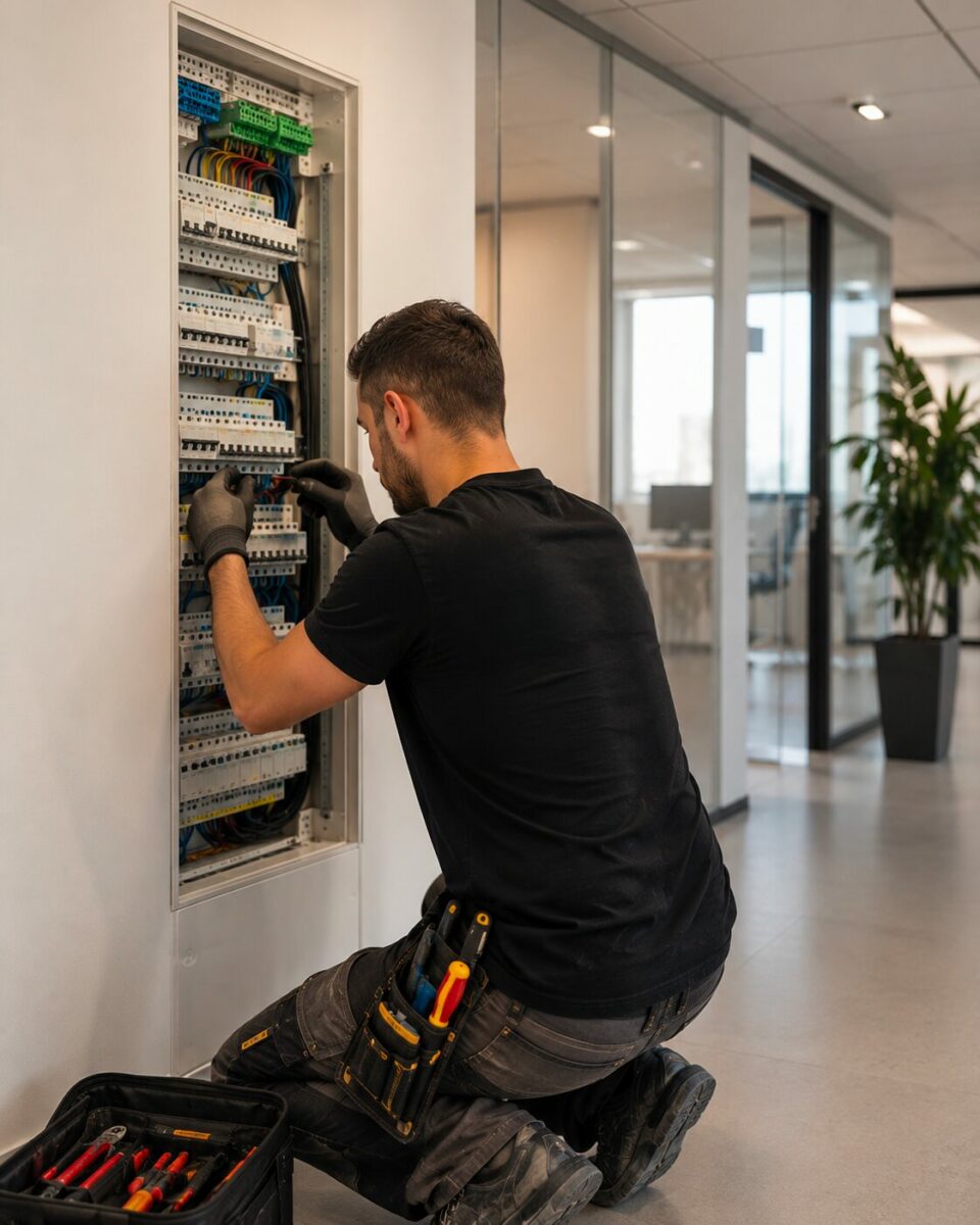 Électricien A2S Travaux intervenant sur un tableau électrique dans des bureaux d'entreprise