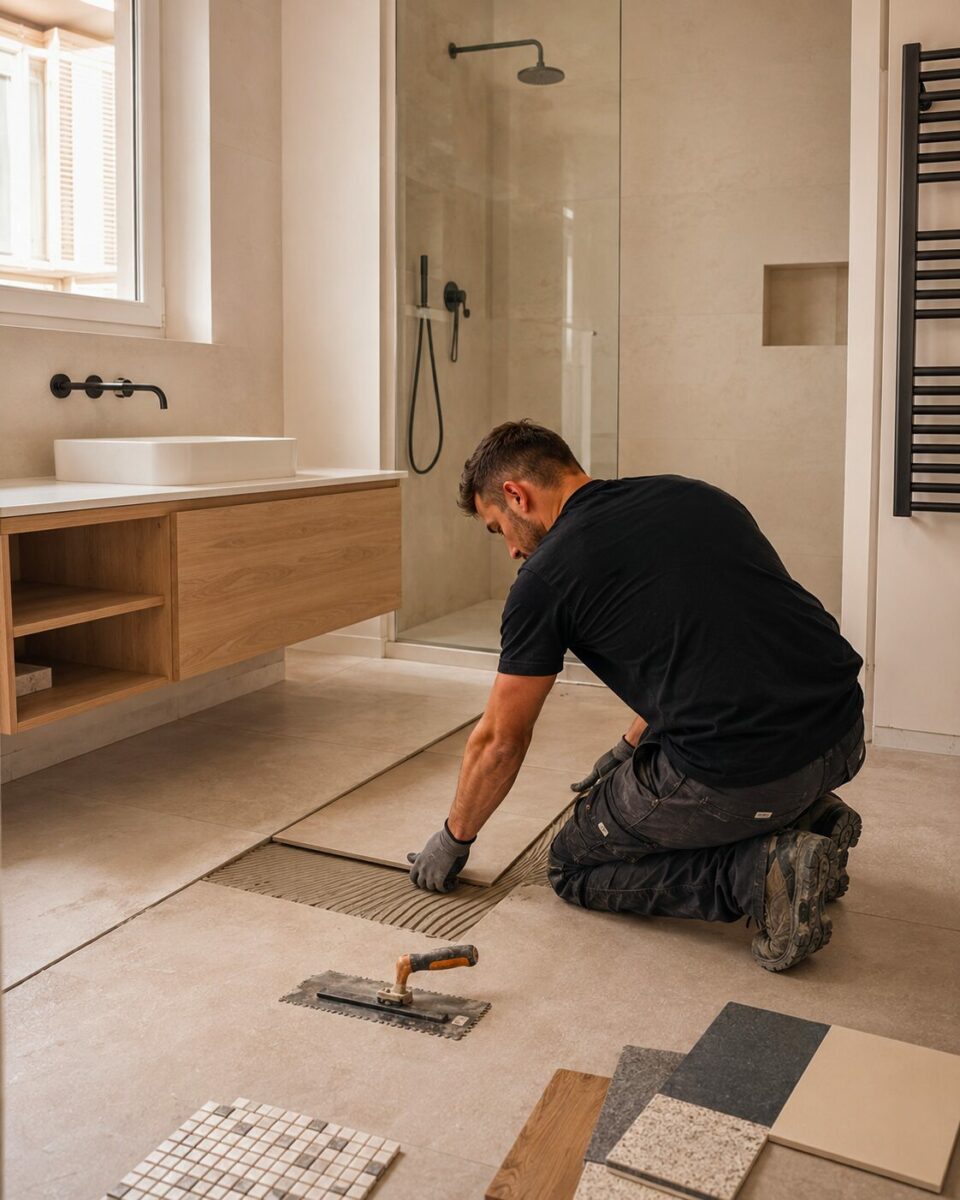 Carreleur A2S Travaux posant du carrelage dans une salle de bain moderne avec échantillons de matériaux