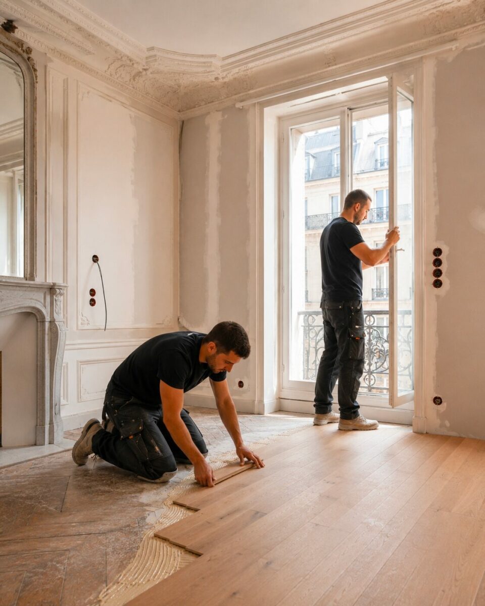 Artisan A2S Travaux posant un parquet et installant une fenêtre dans un appartement parisien en rénovation
